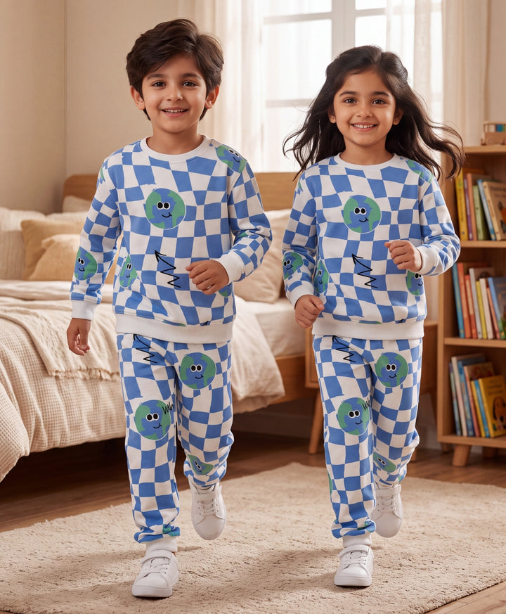 GLOBE CHECK FLEECE SWEATSHIRT JOGGER SET - BLUE