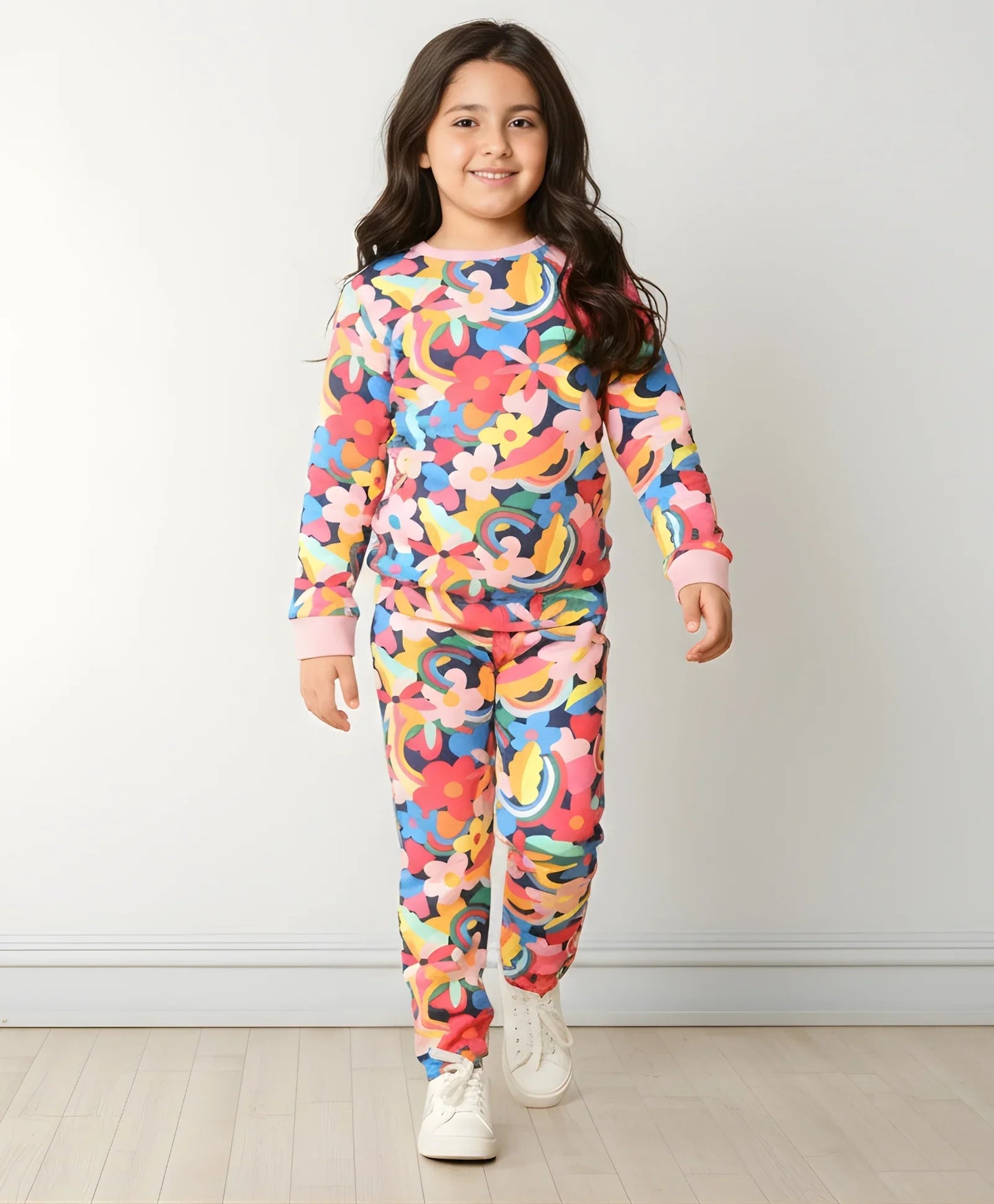 FUN FLORAL FLEECE SWEATSHIRT JOGGER SET - PINK