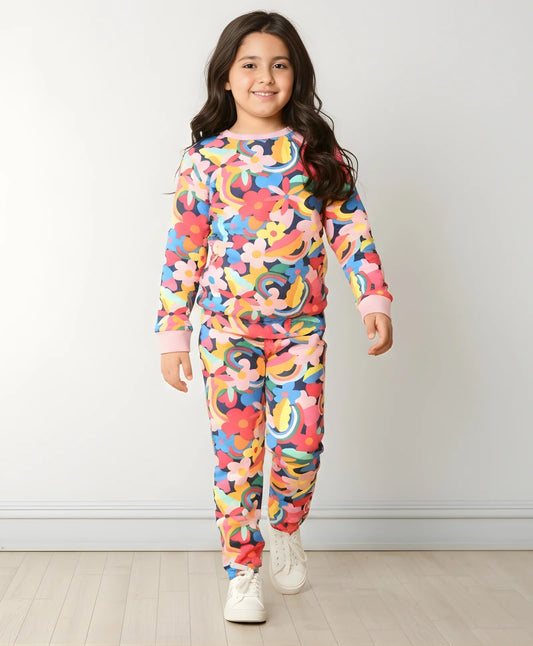 FUN FLORAL FLEECE SWEATSHIRT JOGGER SET - PINK