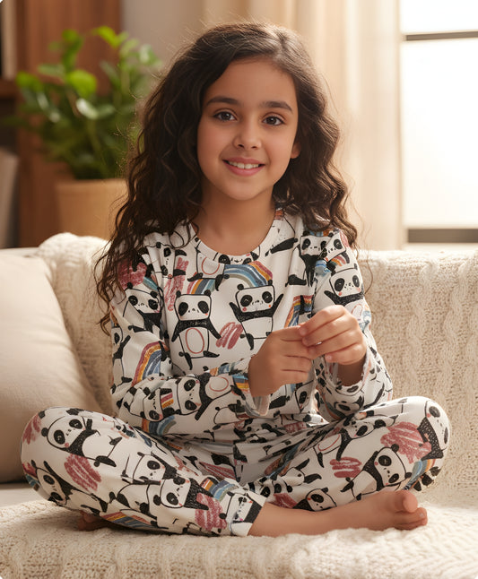 PANDA LONG SLEEVES GIRLS PYJAMA SET - WHITE