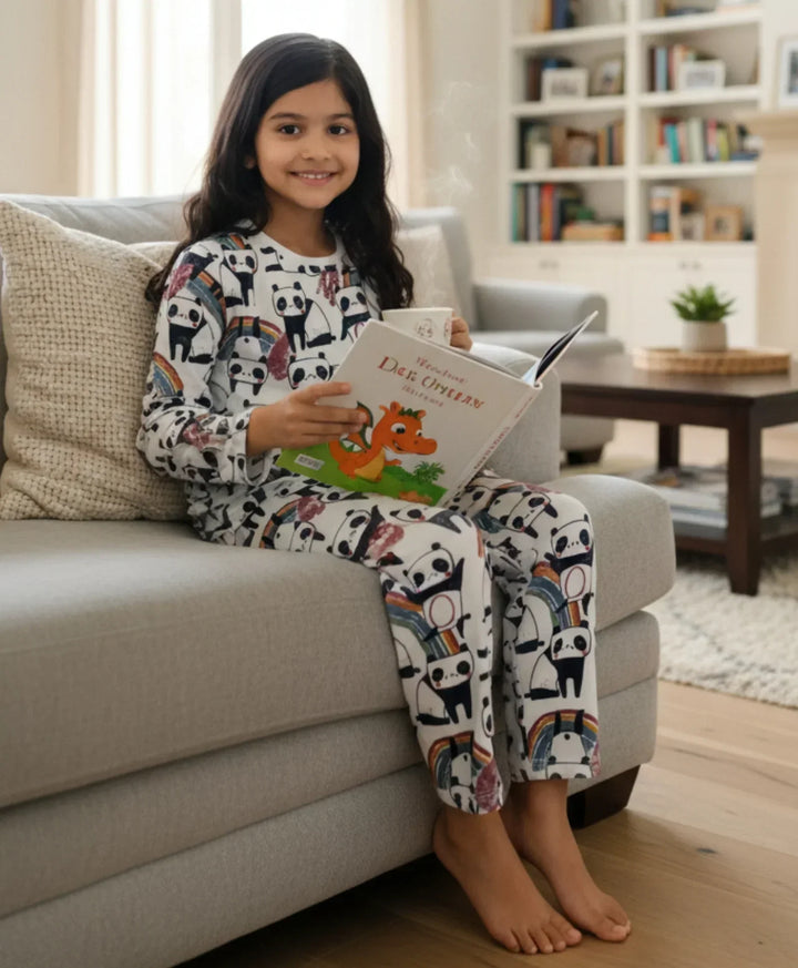 PANDA LONG SLEEVES GIRLS PYJAMA SET - WHITE - Anthrilo 