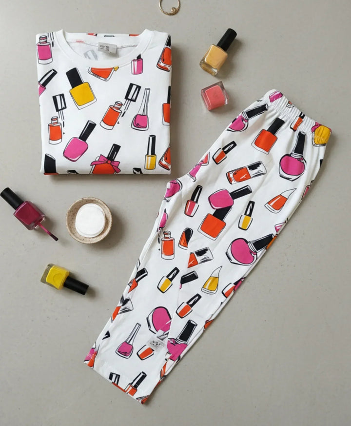 NAIL PAINT LONG SLEEVES PYJAMA SET - WHITE - Anthrilo 