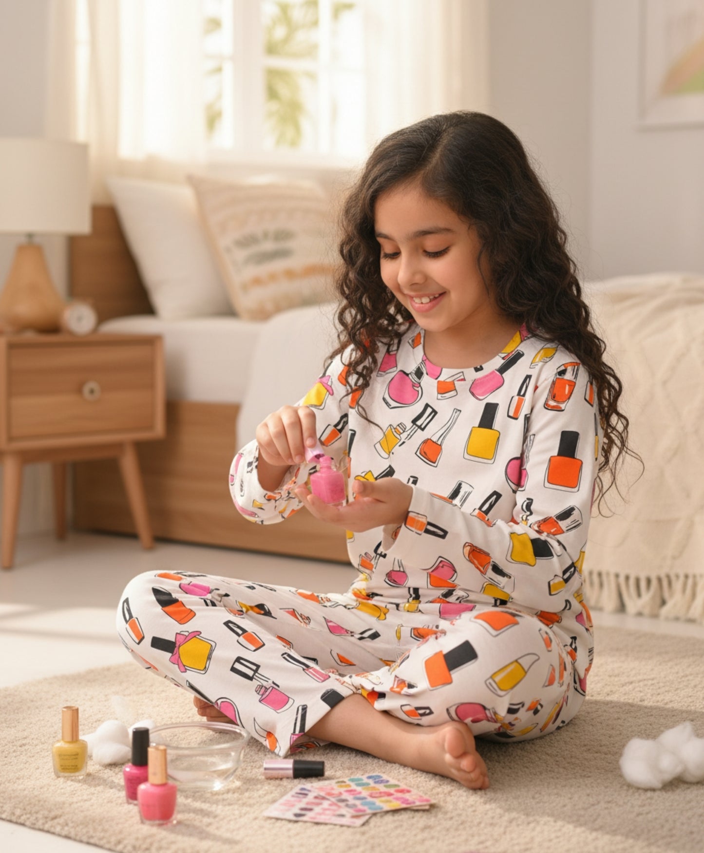 NAIL PAINT LONG SLEEVES PYJAMA SET - WHITE