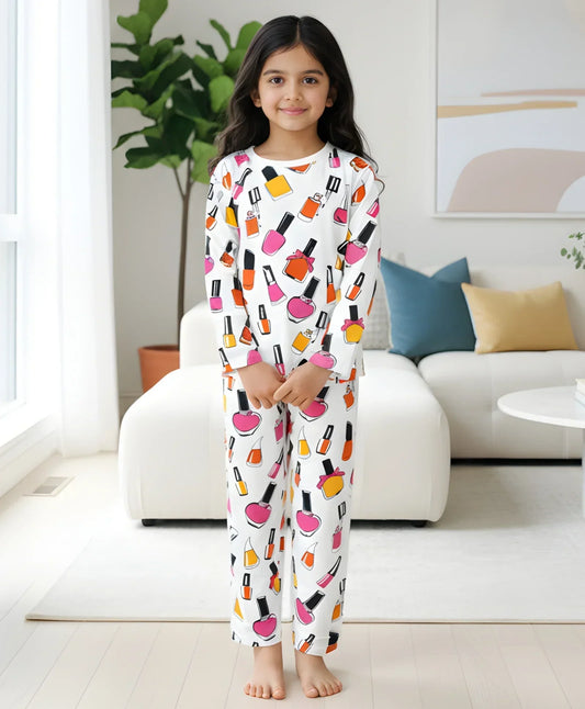 NAIL PAINT LONG SLEEVES PYJAMA SET - WHITE - Anthrilo 
