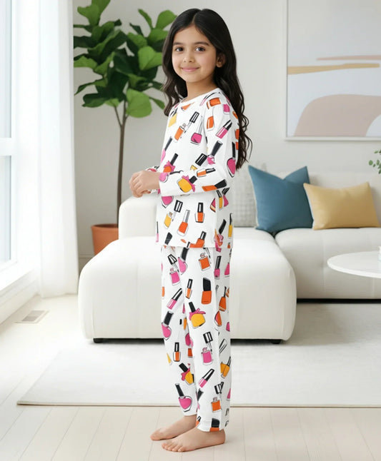 NAIL PAINT LONG SLEEVES PYJAMA SET - WHITE - Anthrilo 