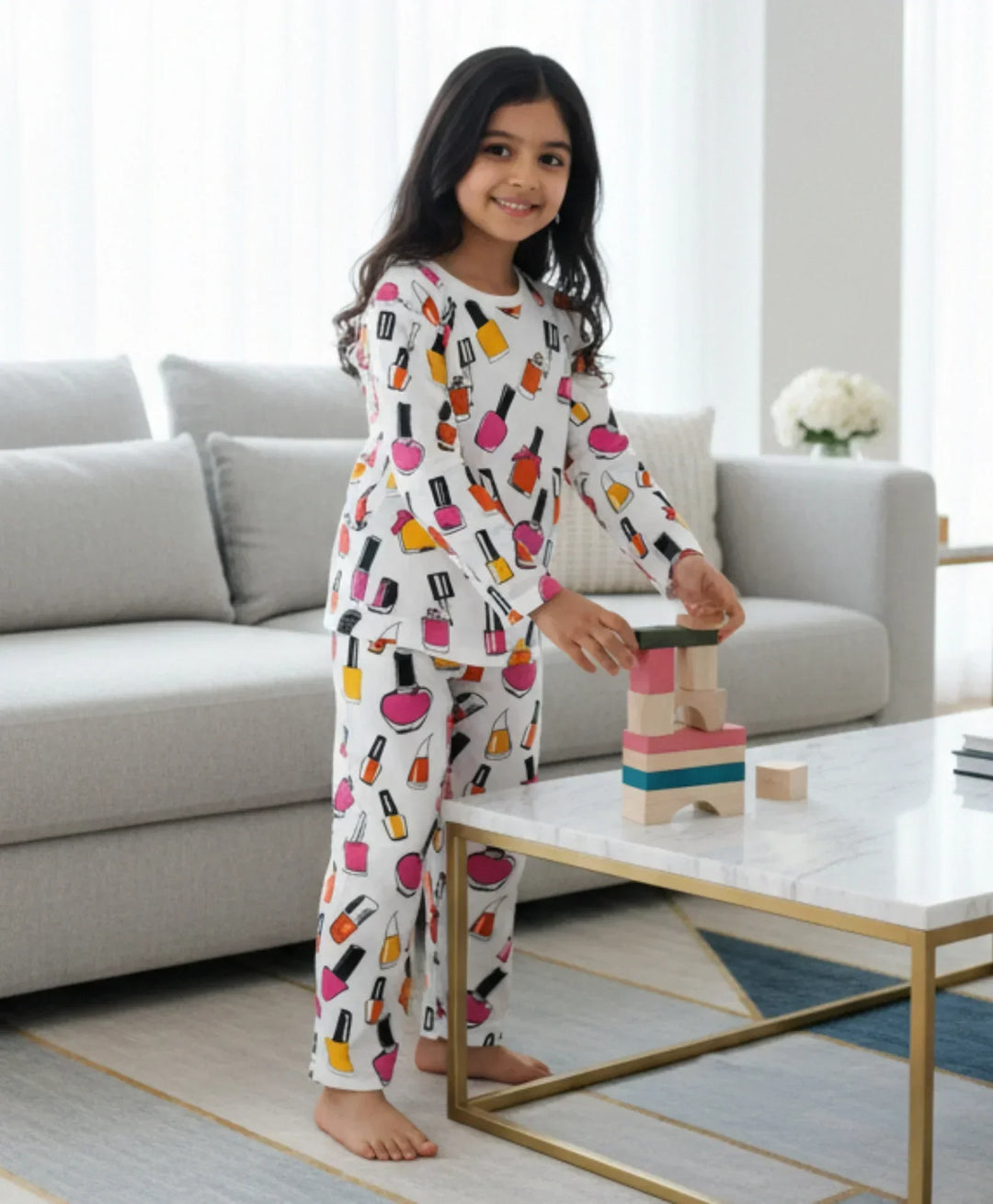 NAIL PAINT LONG SLEEVES PYJAMA SET - WHITE - Anthrilo 
