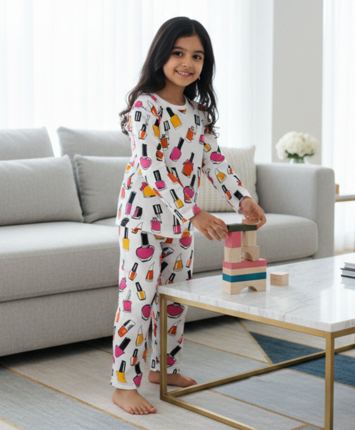 NAIL PAINT LONG SLEEVES PYJAMA SET - WHITE - Anthrilo 