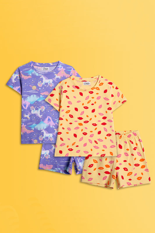 LIPS PRINT AND UNICORN PLANET SLEEPWEAR SHORTS SET (PACK OF 2) - Anthrilo India