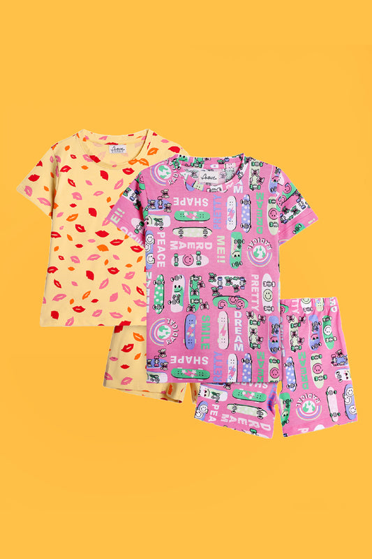 LIPS PRINT AND SKATE PINK SLEEPWEAR SHORTS SET (PACK OF 2) - Anthrilo India