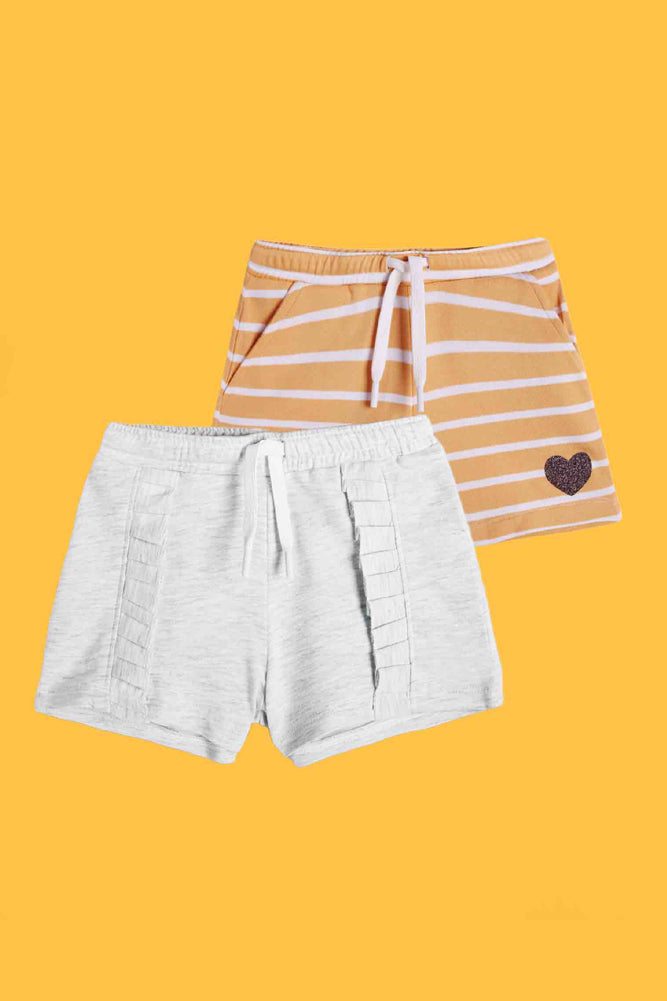 ECRU MELANGE FRILL AND ORANGE STRIPE SHORTS (PACK OF 2) - Anthrilo India