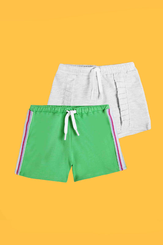 ECRU MELANGE FRILL AND GREEN SIDE TAPE SHORTS (PACK OF 2) - Anthrilo India