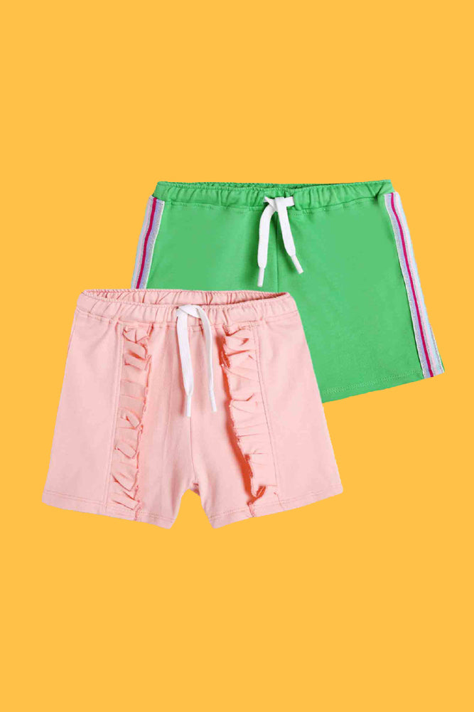 PINK FRILL AND GREEN SIDE TAPE SHORTS (PACK OF 2) - Anthrilo India