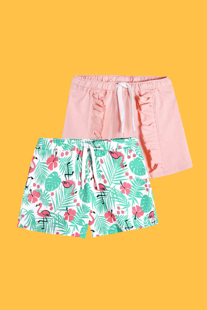FLAMINGO PRINT AND PRETTY PEACH FRILL SHORTS (PACK OF 2) - Anthrilo India