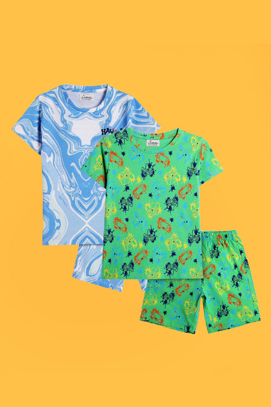 MARBLING BLUE AND GAMER GREEN SLEEPWEAR SHORT SET (PACK OF 2) - Anthrilo India