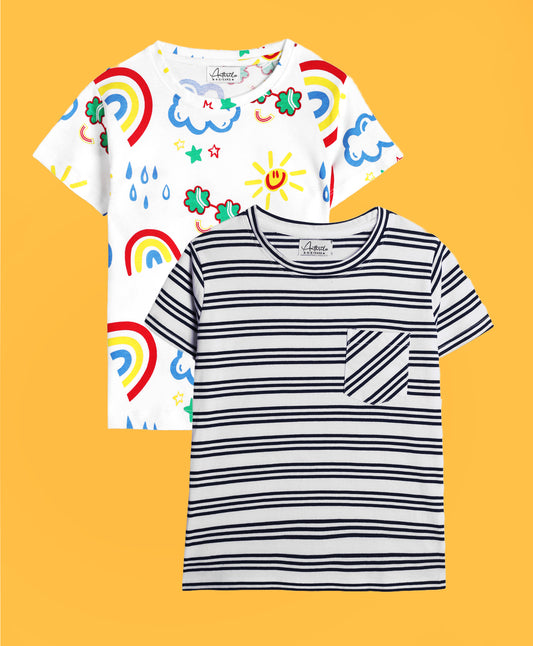 RAINBOW RAINT AND BLUE STRIPED SHORT SLEEVE T-SHIRT (PACK OF 2)
