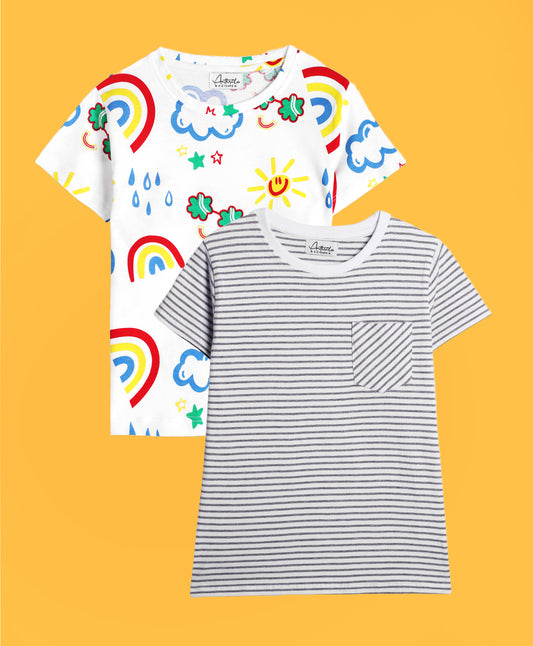 RAINBOW RAIN AND GREY STRIPED SHORT SLEEVE T-SHIRT (PACK OF 2)
