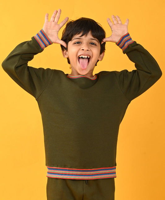 OLIVE MULTICOLOR RIB FLEECE SWEATSHIRT - OLIVE - Anthrilo 