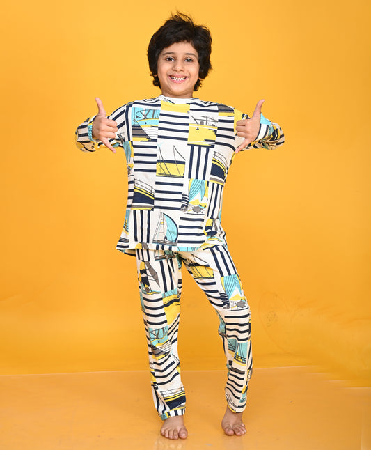 BOAT STRIPES LONG SLEEVE PYJAMA SET - WHITE