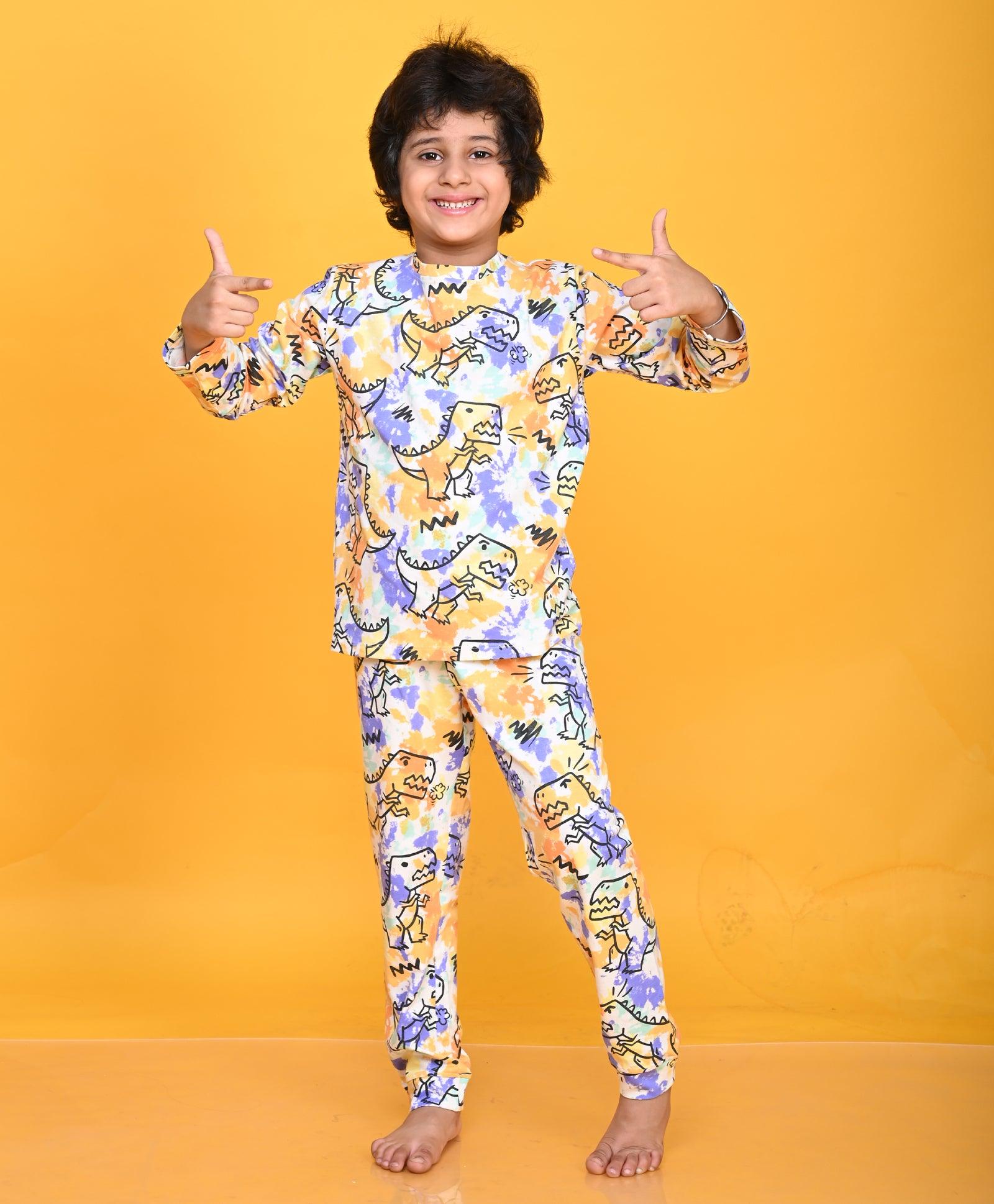 TIE DYE DINOSAUR LONG SLEEVE PYJAMA SET - WHITE - Anthrilo 