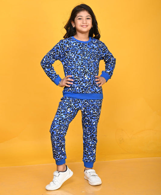 LEOPARD BLUE GIRLS SWEATSHIRT JOGGER SET - BLUE