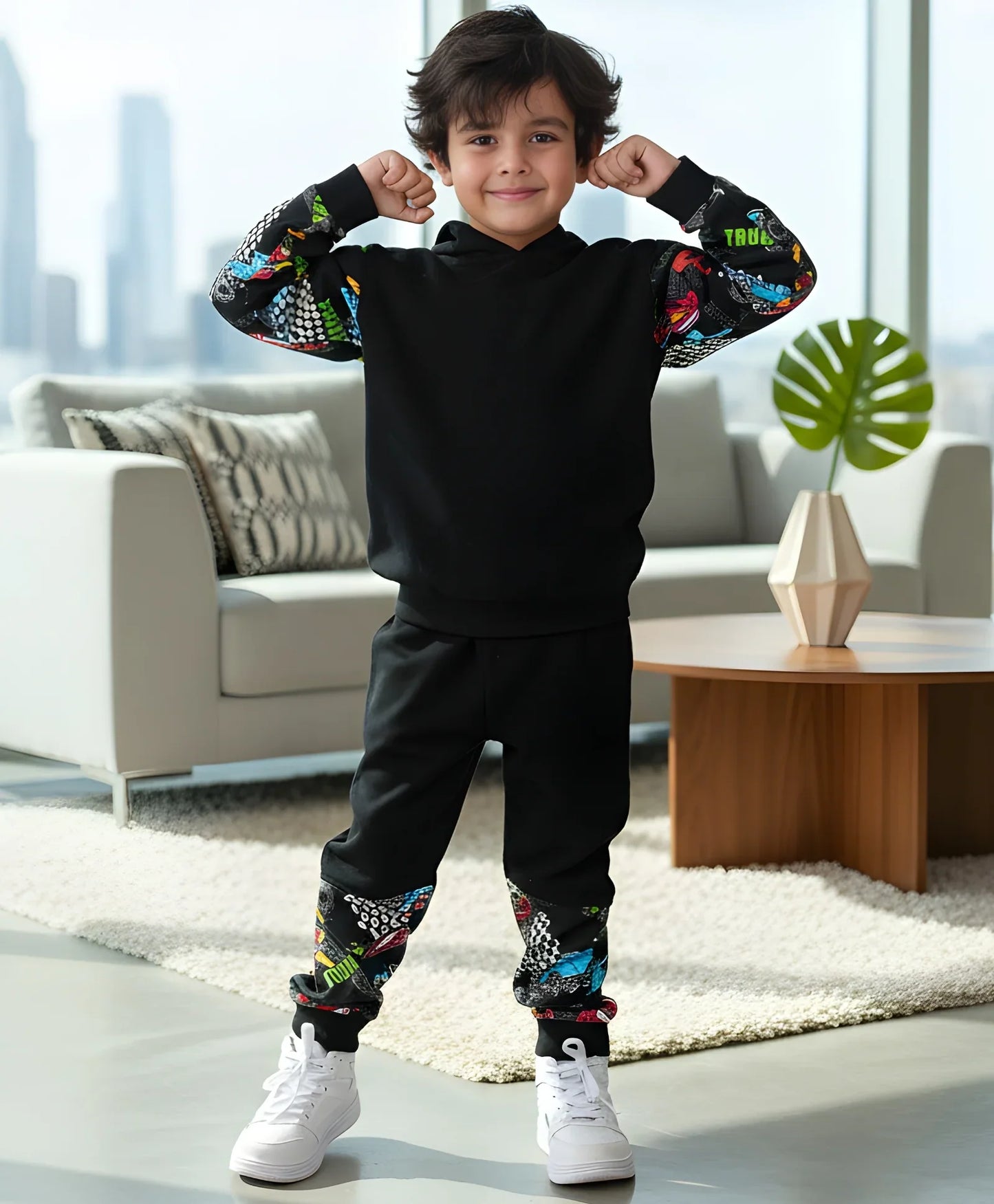 TRUCK BLACK COLOR BLOCK BOYS HOODIE JOGGER SET - BLACK