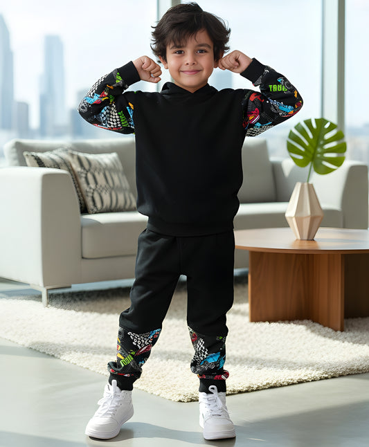 TRUCK BLACK COLOR BLOCK BOYS HOODIE JOGGER SET - BLACK