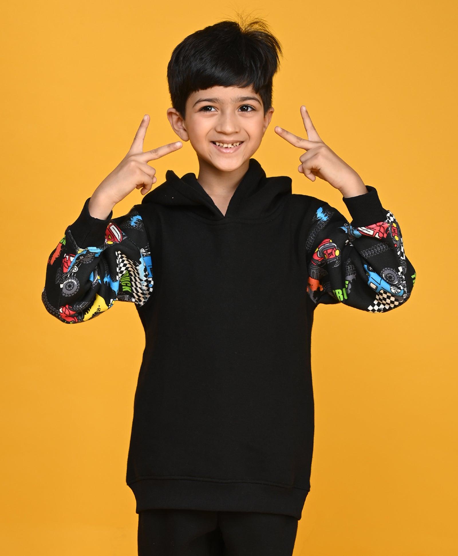TRUCK BLACK COLOR BLOCK BOYS FLEECE HOODIE - BLACK - Anthrilo 