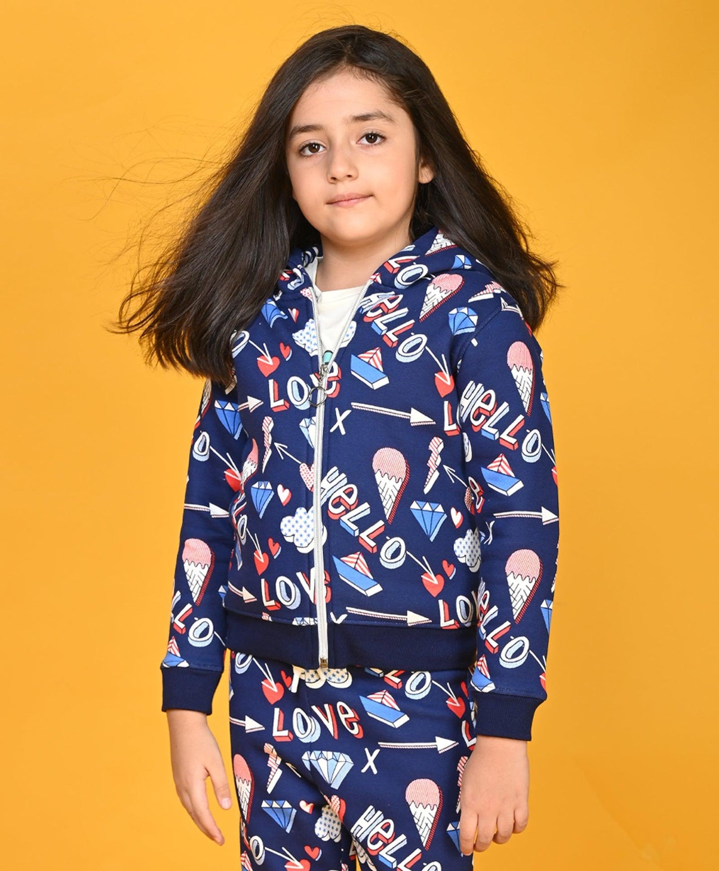 HELLO LOVE GIRLS ZIPPER HOODIE - NAVY BLUE