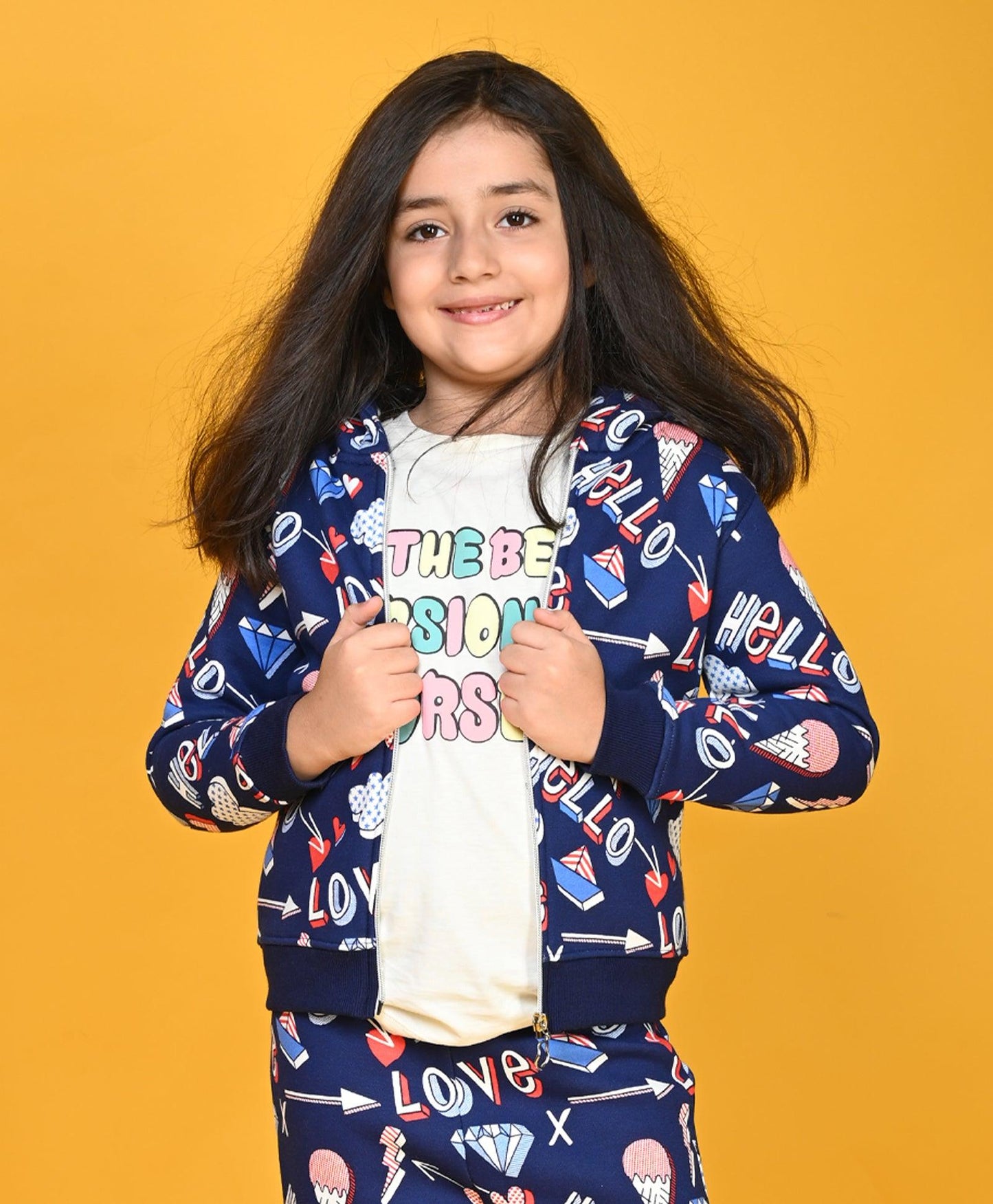 HELLO LOVE GIRLS ZIPPER HOODIE - NAVY BLUE