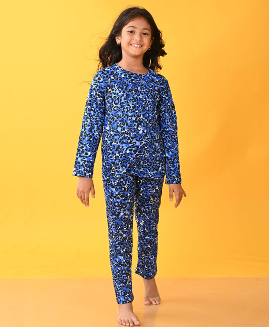 LEOPARD BLUE GIRLS LONG SLEEVE PYJAMA SET - BLUE - Anthrilo 