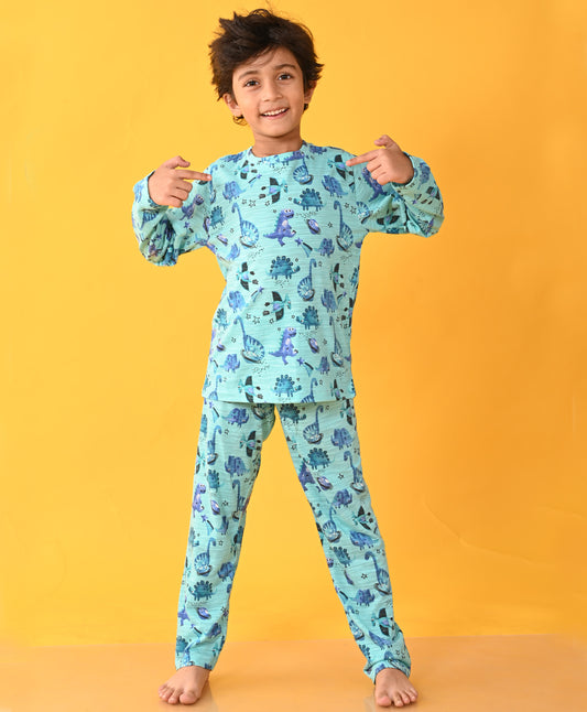 SPACE DINSOAUR LONG SLEEVE PYJAMA SET - AQUA