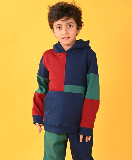 NAVY MEHROON GREEN COLOR BLOCK FLEECE HOODIE - NAVY - Anthrilo 