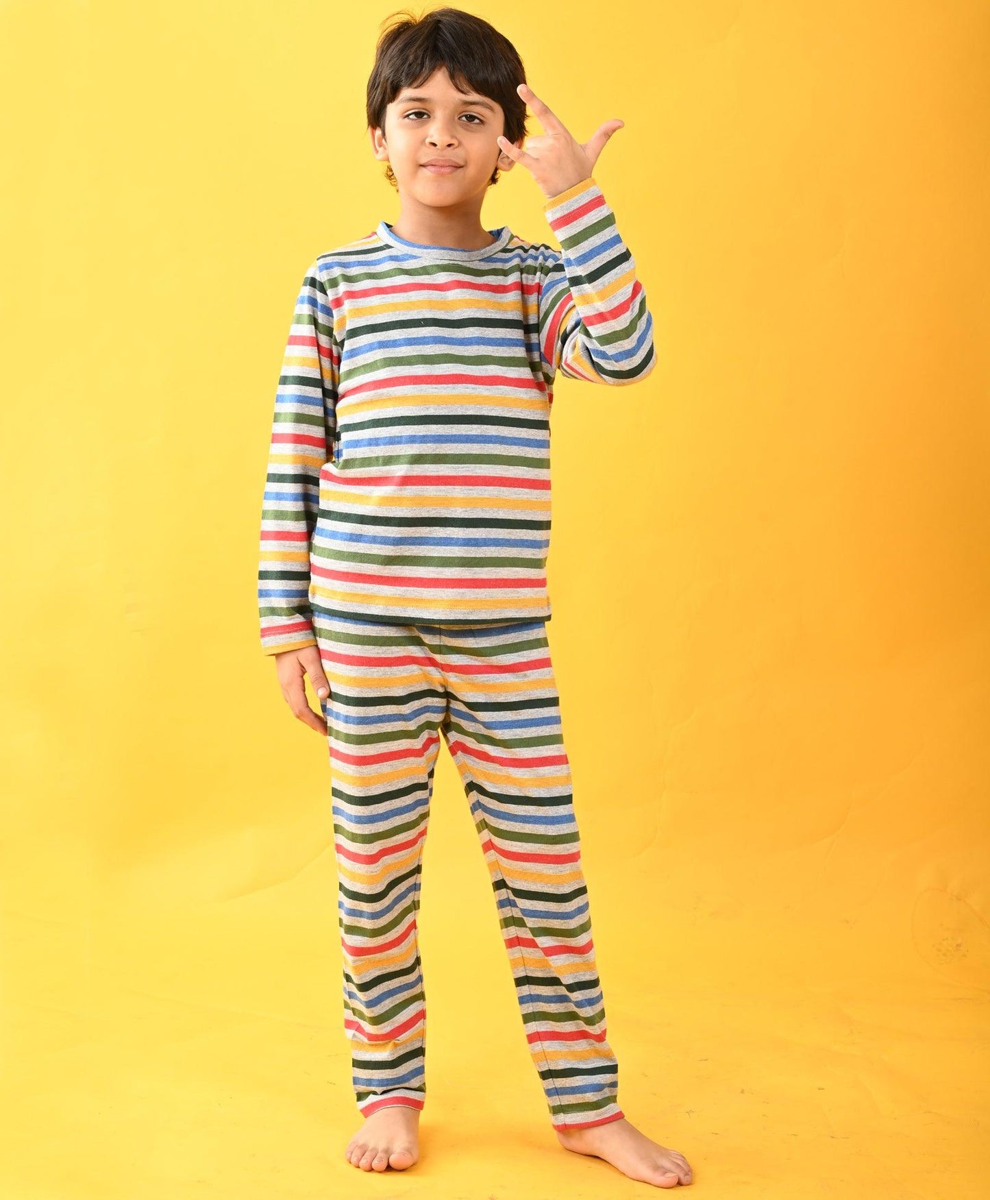 MULT STRIPE GREY MELANGE LONG SLEEVE PYJAMA SET - MULTICOLOR - Anthrilo 