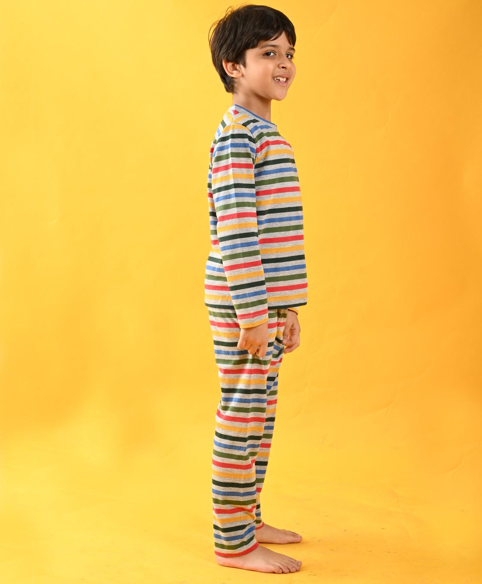 MULT STRIPE GREY MELANGE LONG SLEEVE PYJAMA SET - MULTICOLOR - Anthrilo 