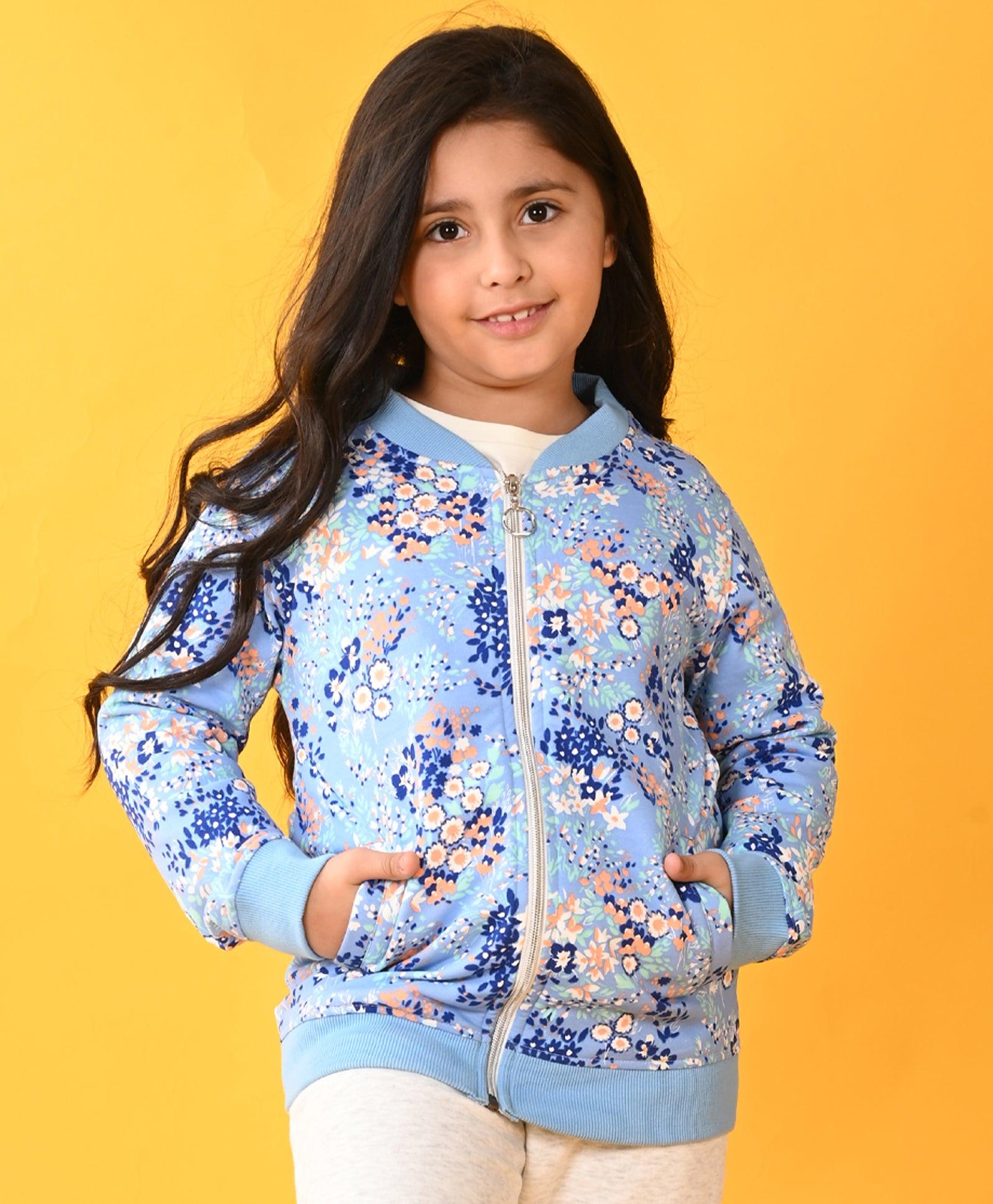 PRETTY BLUE FLOWERS FLEECE ZIPPER SWEATSHIRT - BLUE - Anthrilo 