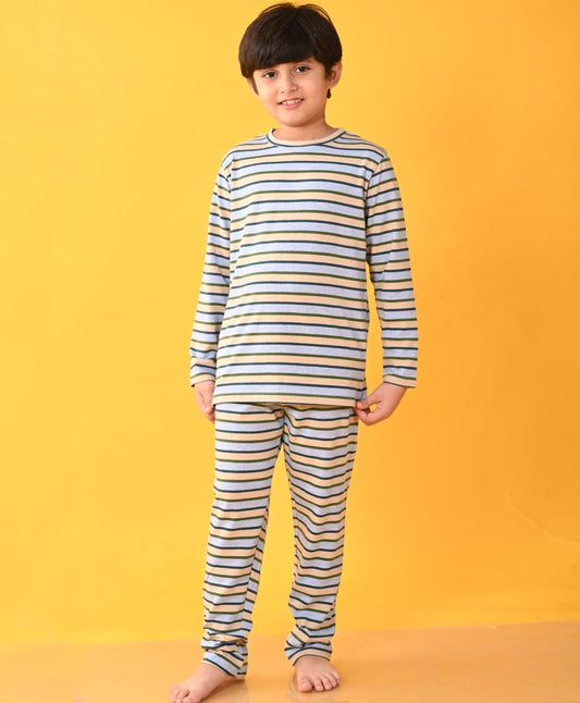 SKY BEIGE GREEN STRIPED LONG SLEEVES BOYS PYJAMA SET - Anthrilo 