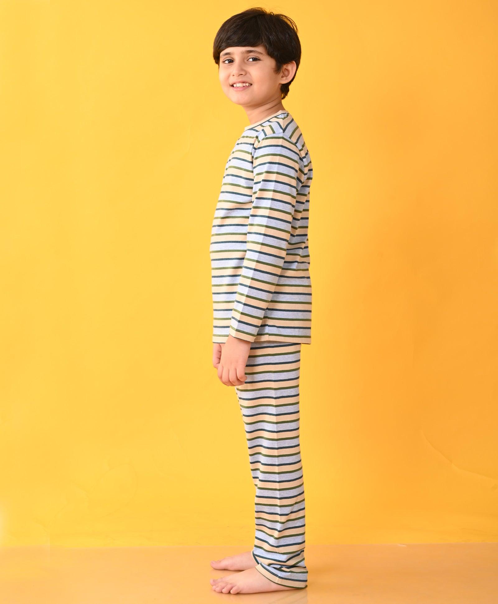 SKY BEIGE GREEN STRIPED LONG SLEEVES BOYS PYJAMA SET - Anthrilo 