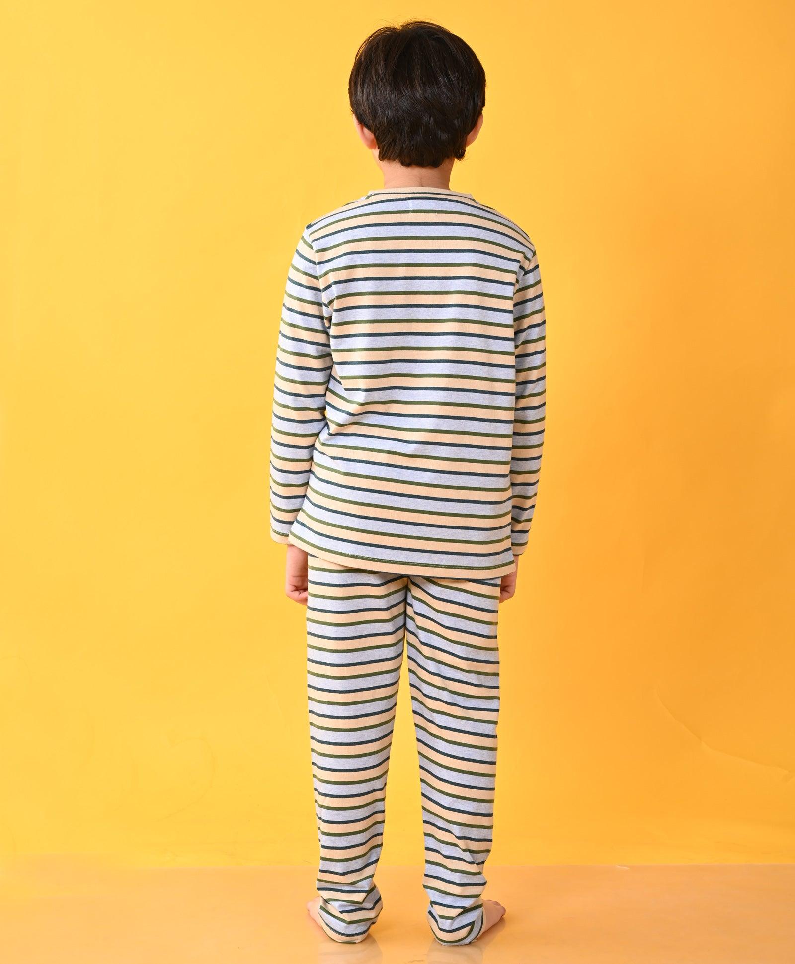 SKY BEIGE GREEN STRIPED LONG SLEEVES BOYS PYJAMA SET - Anthrilo 