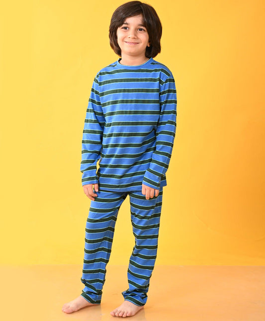 ROYAL GREEN TURQUOISE STRIPED LONG SLEEVES BOYS PYJAMA SET - Anthrilo 