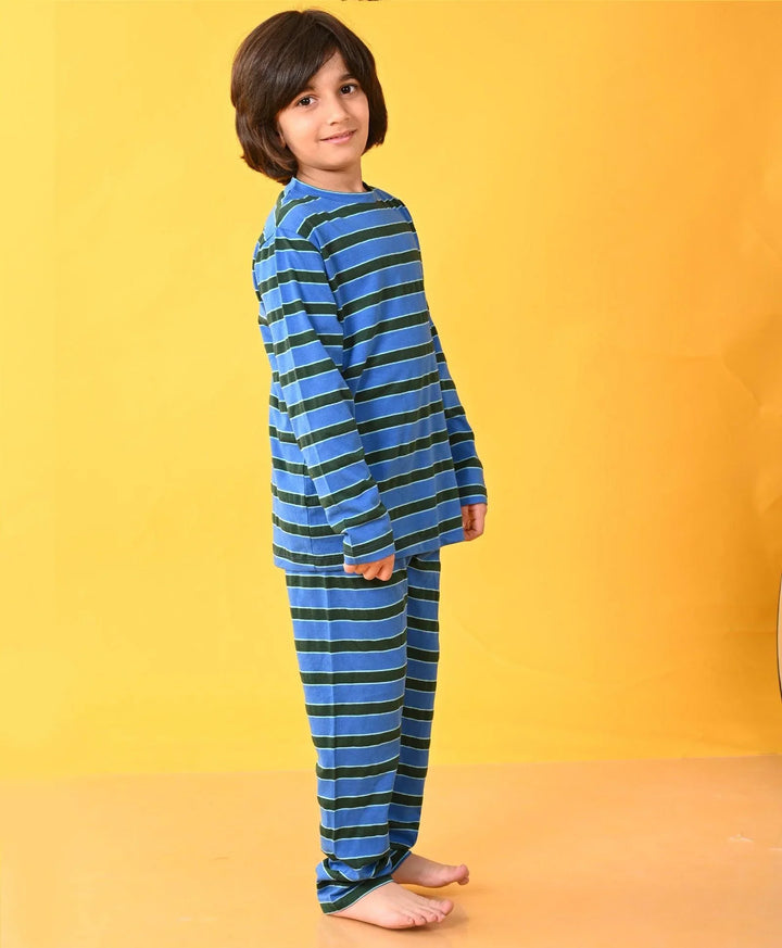 ROYAL GREEN TURQUOISE STRIPED LONG SLEEVES BOYS PYJAMA SET - Anthrilo 