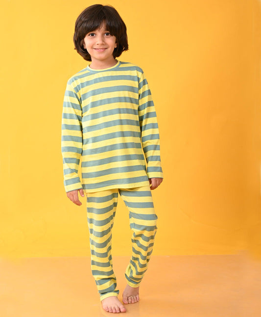 OIL GREEN YELLOW STRIPED LONG SLEEVES BOYS PYJAMA SET - GREEN - Anthrilo 