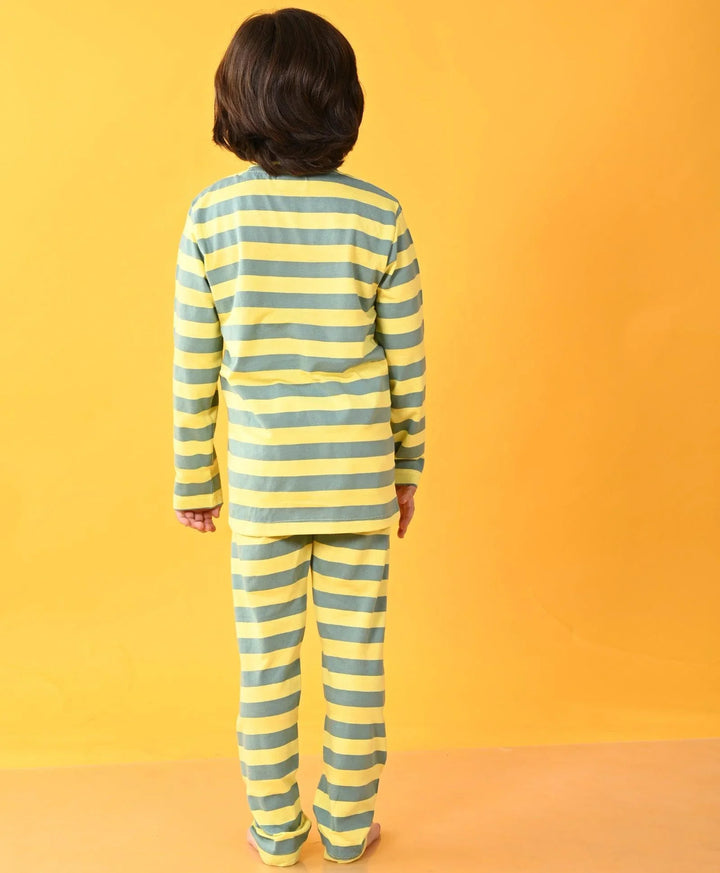 OIL GREEN YELLOW STRIPED LONG SLEEVES BOYS PYJAMA SET - GREEN - Anthrilo 