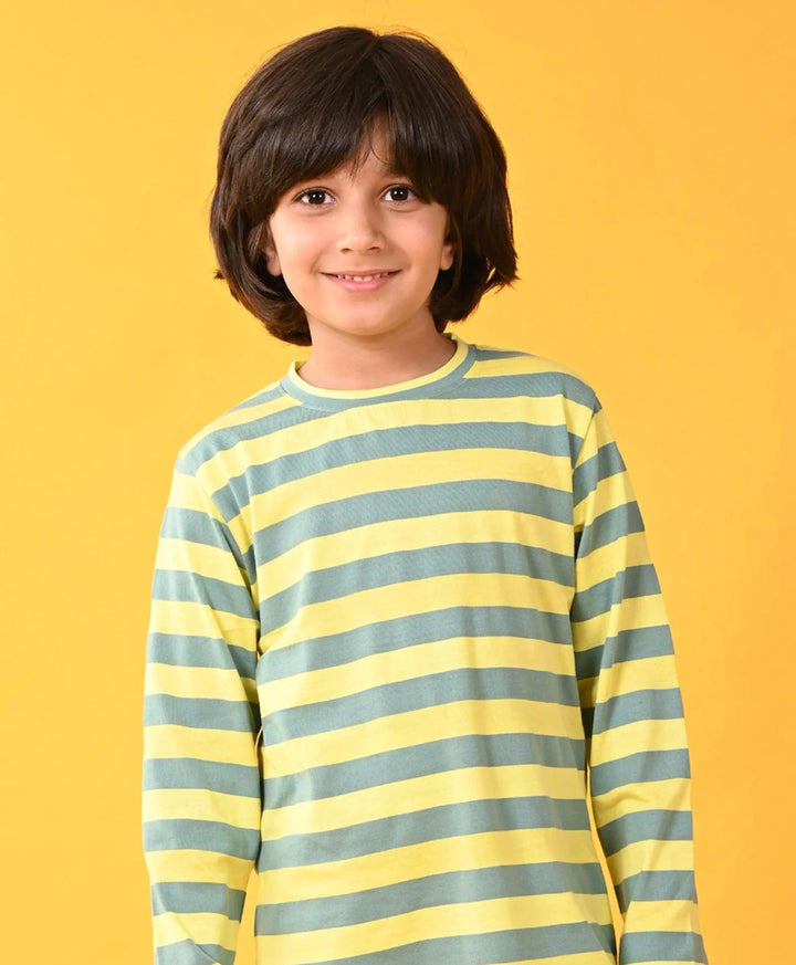 OIL GREEN YELLOW STRIPED LONG SLEEVES BOYS PYJAMA SET - GREEN - Anthrilo 