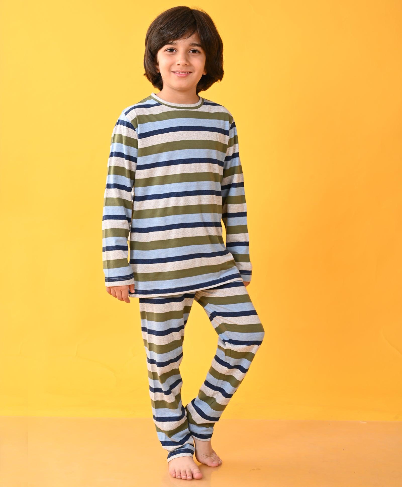 GREY NAVY SKY MELANGE GREEN STRIPED LONG SLEEVES BOYS PYJAMA SET - Anthrilo 