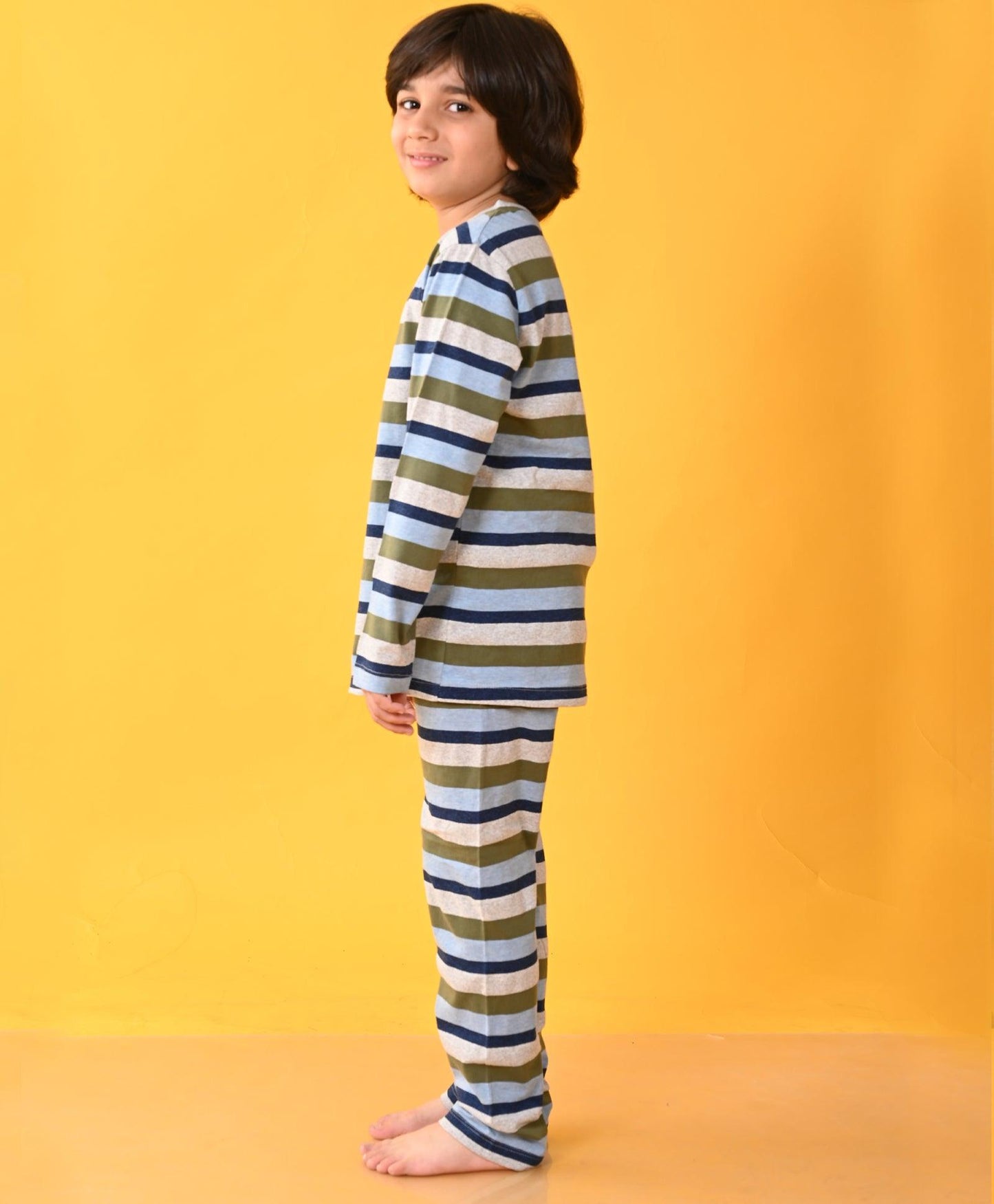 GREY NAVY SKY MELANGE GREEN STRIPED LONG SLEEVES BOYS PYJAMA SET - Anthrilo 