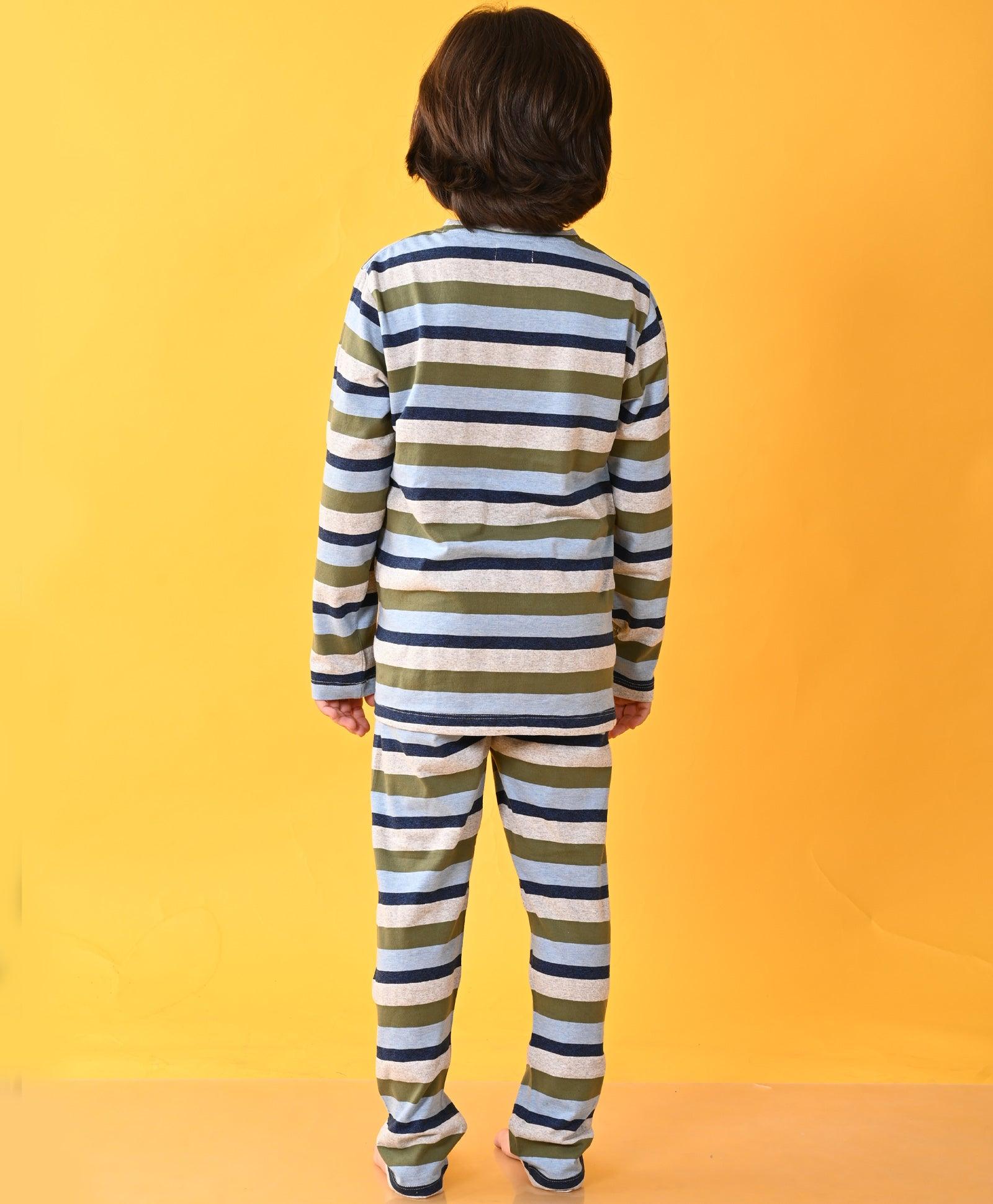 GREY NAVY SKY MELANGE GREEN STRIPED LONG SLEEVES BOYS PYJAMA SET - Anthrilo 
