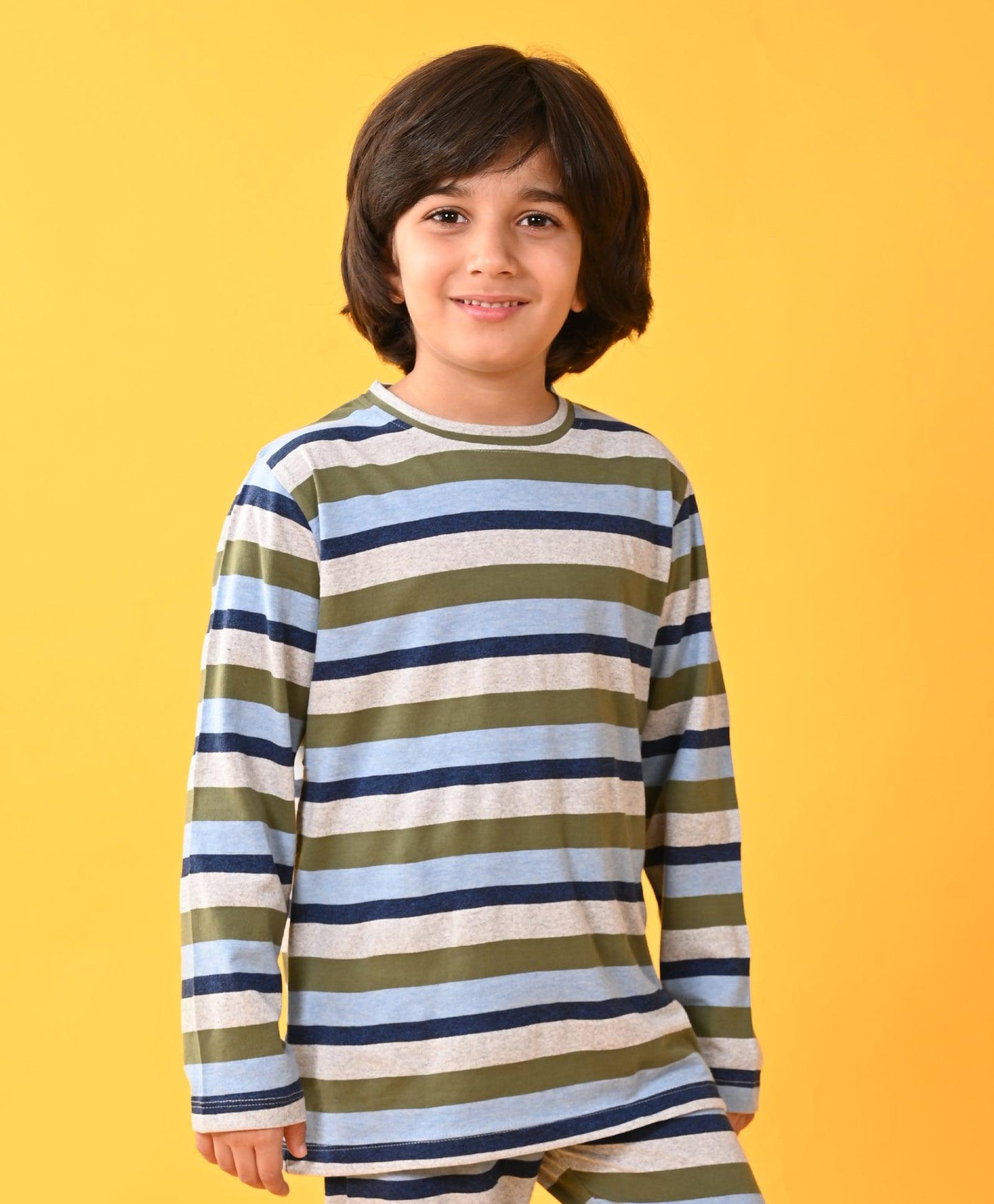 GREY NAVY SKY MELANGE GREEN STRIPED LONG SLEEVES BOYS PYJAMA SET - Anthrilo 