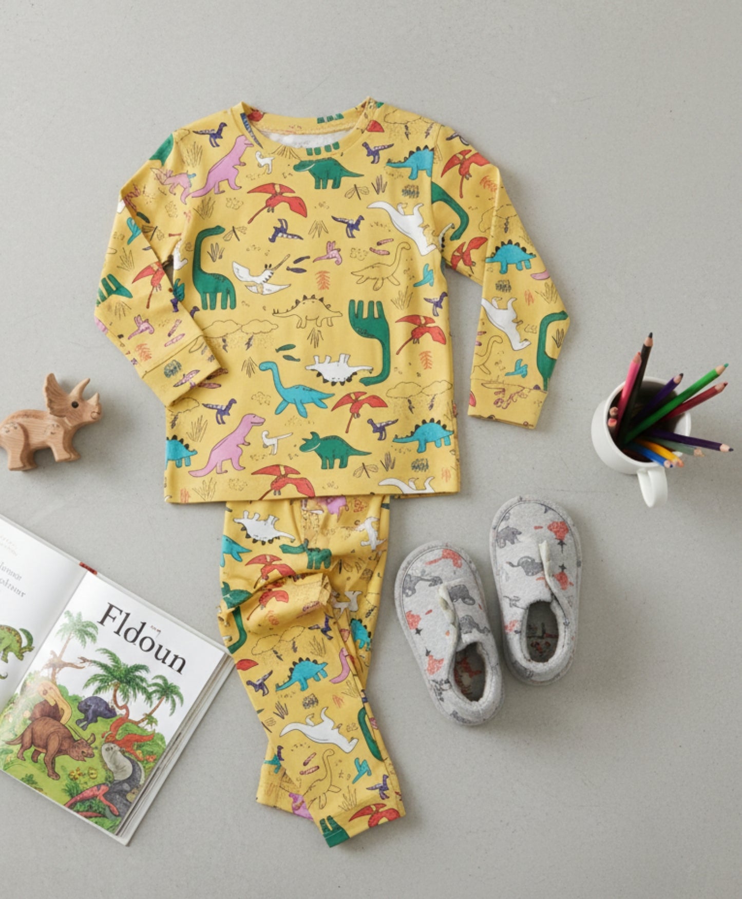 RAINING DINOSAUR LONG SLEEVES PYJAMA SET - YELLOW - Anthrilo 