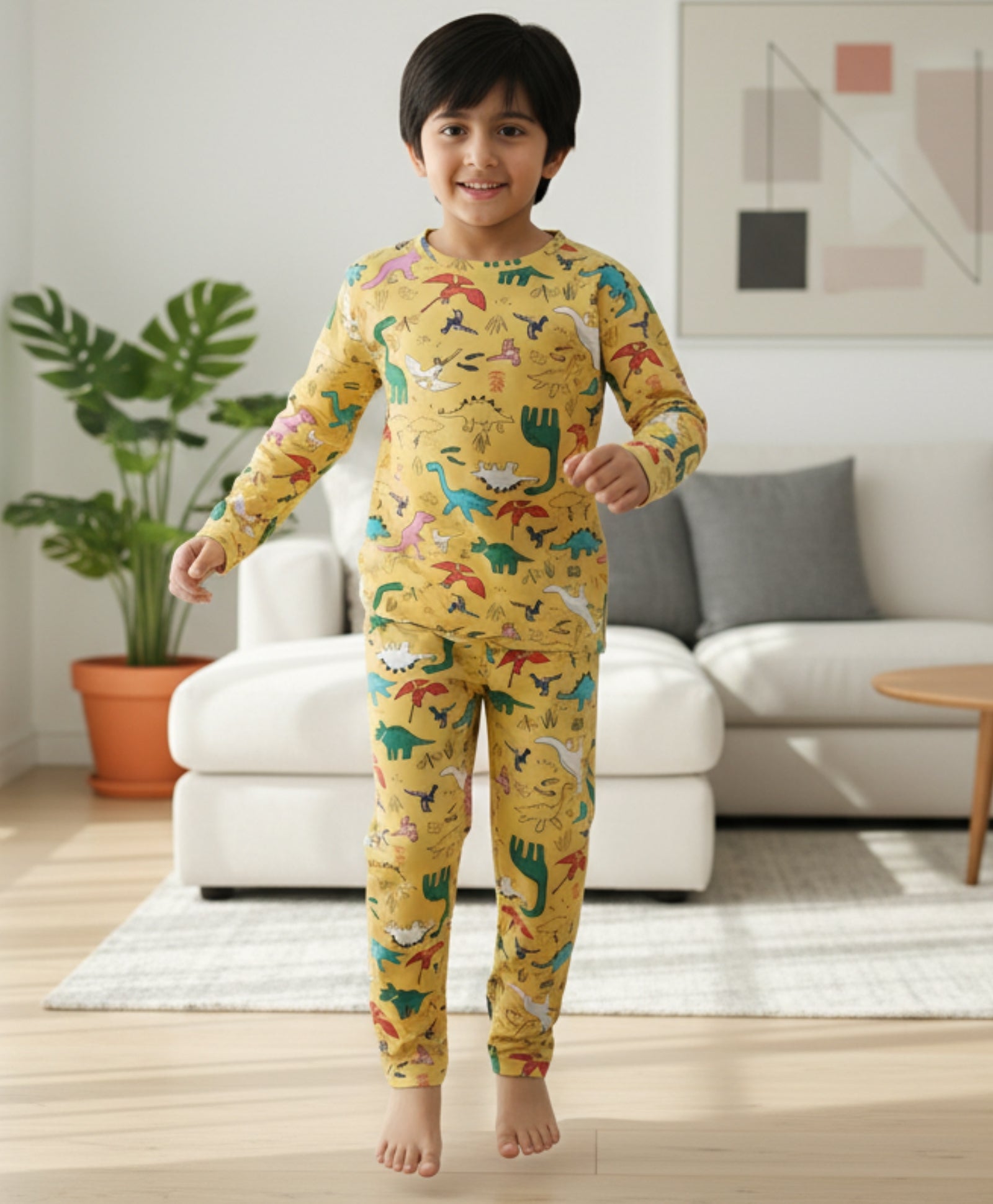 RAINING DINOSAUR LONG SLEEVES PYJAMA SET - YELLOW - Anthrilo 
