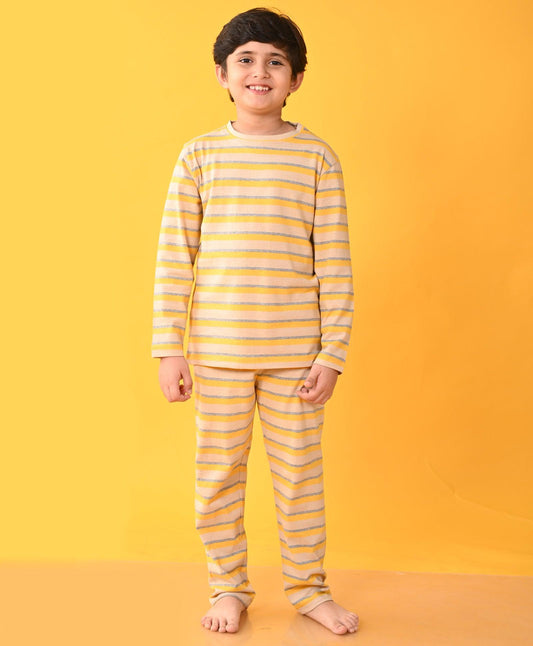 YELLOW GREY BEIGE STRIPED LONG SLEEVES BOYS PYJAMA SET - Anthrilo 